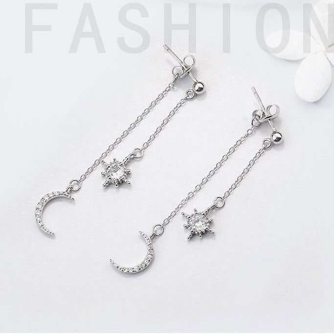 Women's Sterling Sier Elegant Star Moon Rhinestone Long Earrings