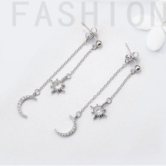 Women's Sterling Sier Elegant Star Moon Rhinestone Long Earrings