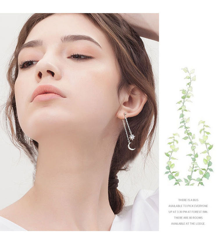 Women's Sterling Sier Elegant Star Moon Rhinestone Long Earrings