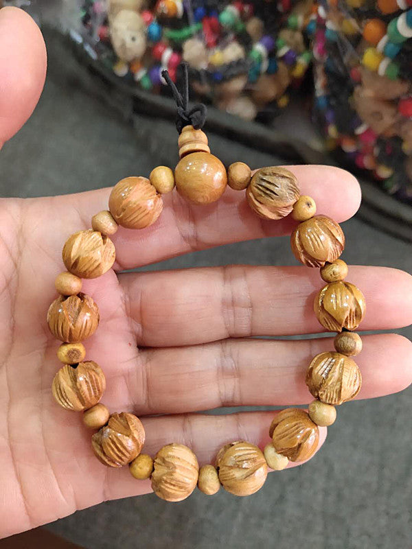 Men's Peach Wood Lotus Buddha Beads Carving Style Bracelet