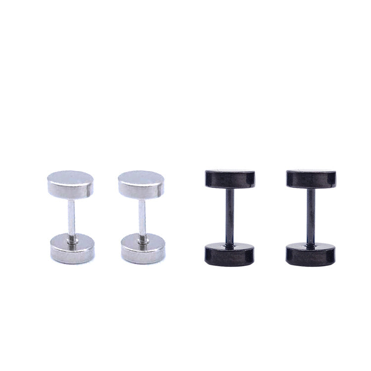 Women's & Men's Vacuum Electroplating Barbell Black Hip Hop Rock Round Hipster Dumbbell Stud Earrings