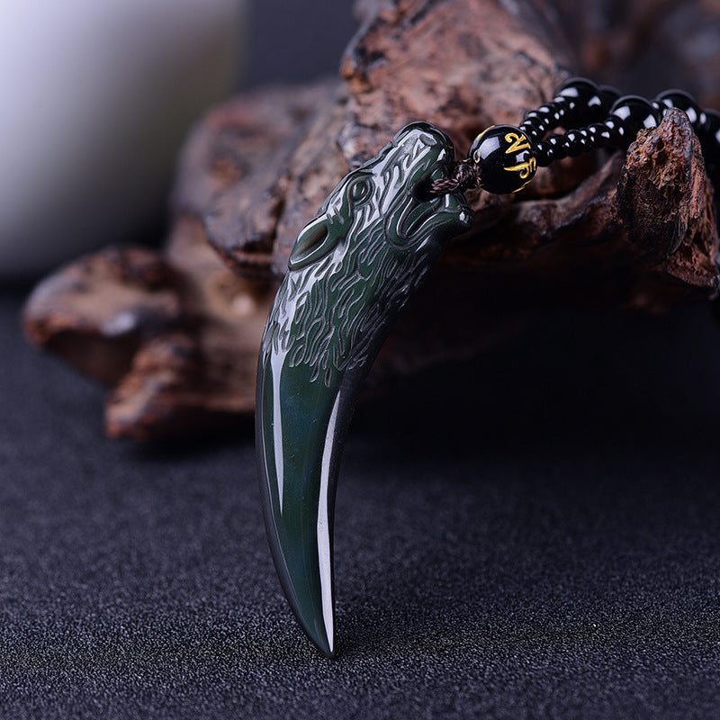 Women's & Men's Natural Icy Obsidian Wolf Tooth Head Couple Necklaces