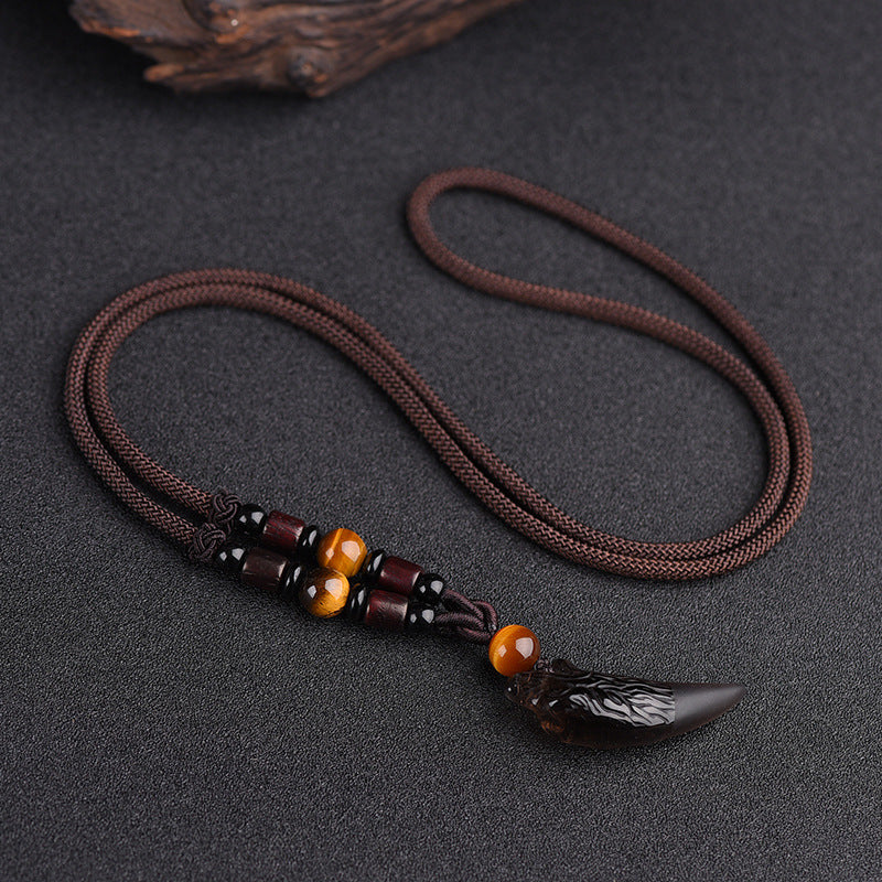 Women's & Men's Natural Icy Obsidian Wolf Tooth Head Couple Necklaces