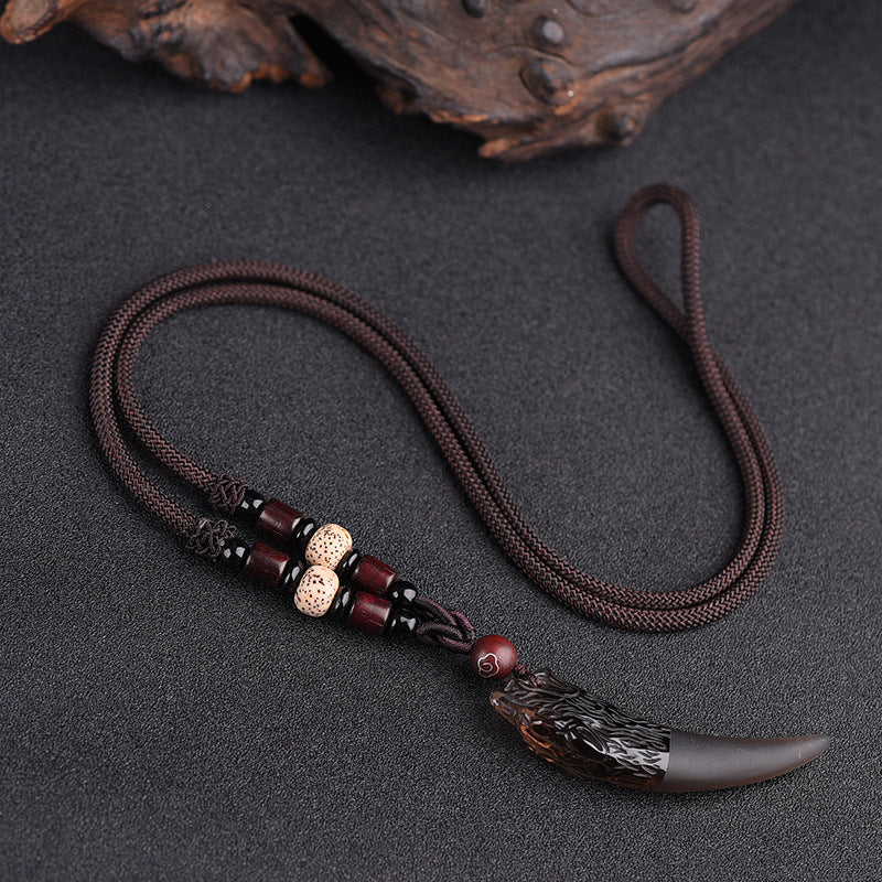 Women's & Men's Natural Icy Obsidian Wolf Tooth Head Couple Necklaces