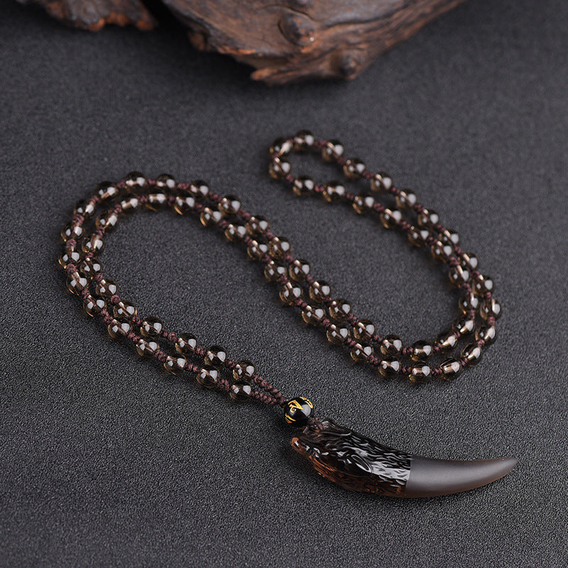 Women's & Men's Natural Icy Obsidian Wolf Tooth Head Couple Necklaces