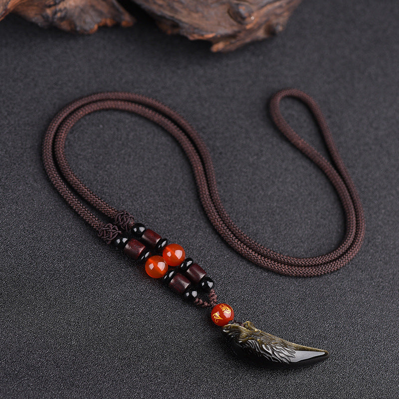 Women's & Men's Natural Icy Obsidian Wolf Tooth Head Couple Necklaces