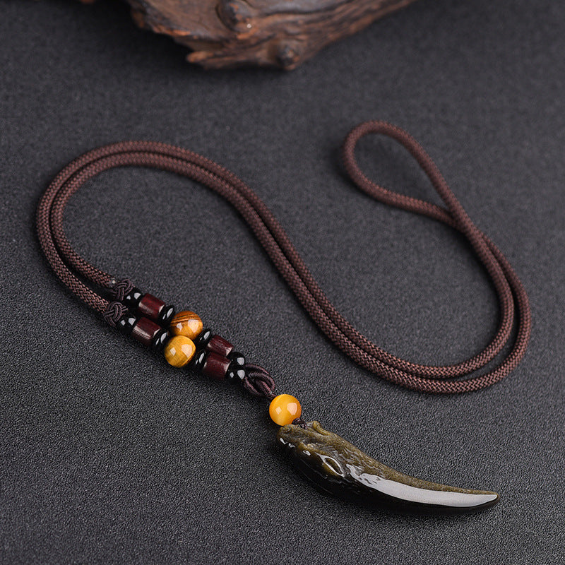 Women's & Men's Natural Icy Obsidian Wolf Tooth Head Couple Necklaces