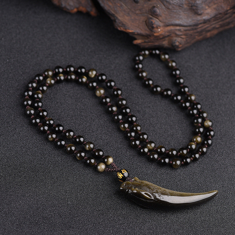 Women's & Men's Natural Icy Obsidian Wolf Tooth Head Couple Necklaces