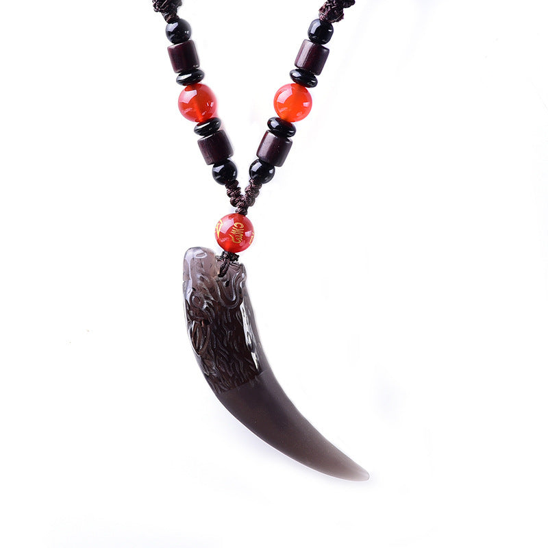 Women's & Men's Natural Icy Obsidian Wolf Tooth Head Couple Necklaces