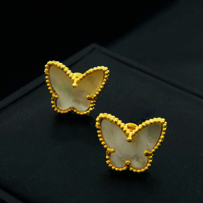 Windmill Series Exquisite Gold Butterfly Shell Tigereye Ear Round Beads Stud Earrings