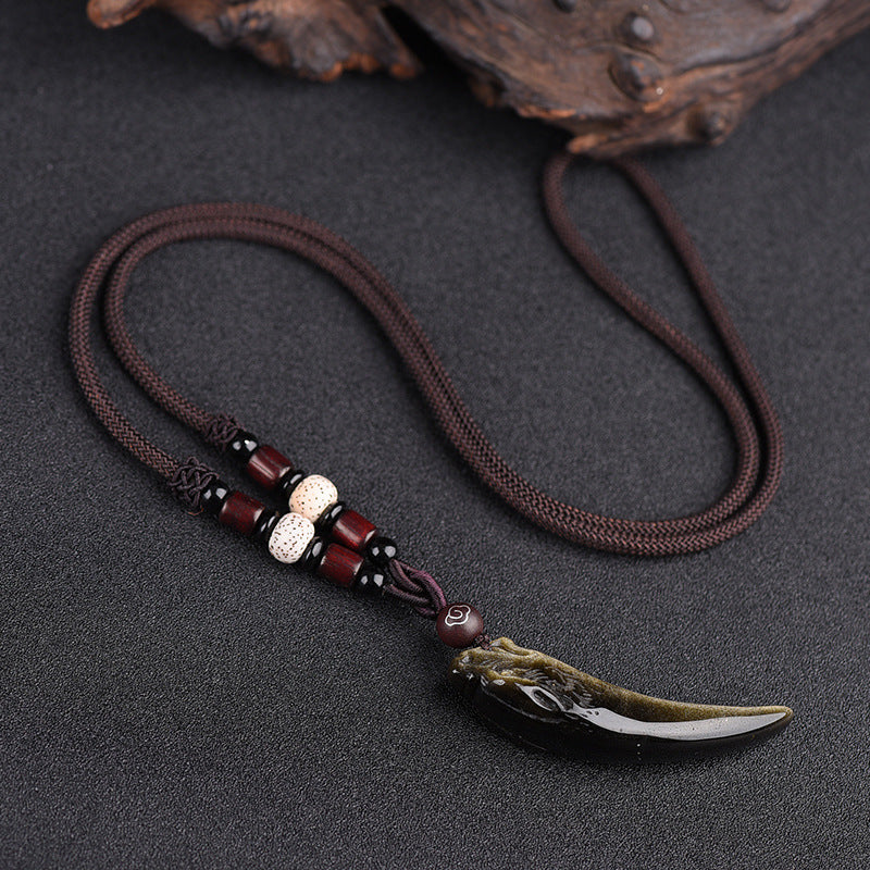 Women's & Men's Natural Icy Obsidian Wolf Tooth Head Couple Necklaces