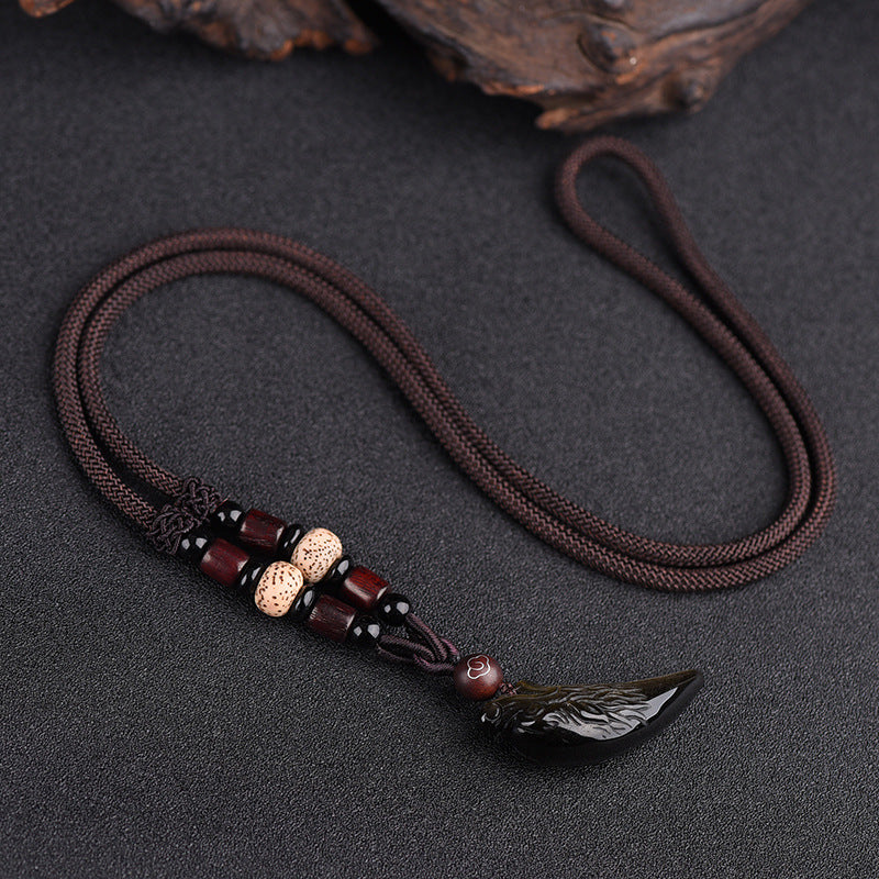 Women's & Men's Natural Icy Obsidian Wolf Tooth Head Couple Necklaces