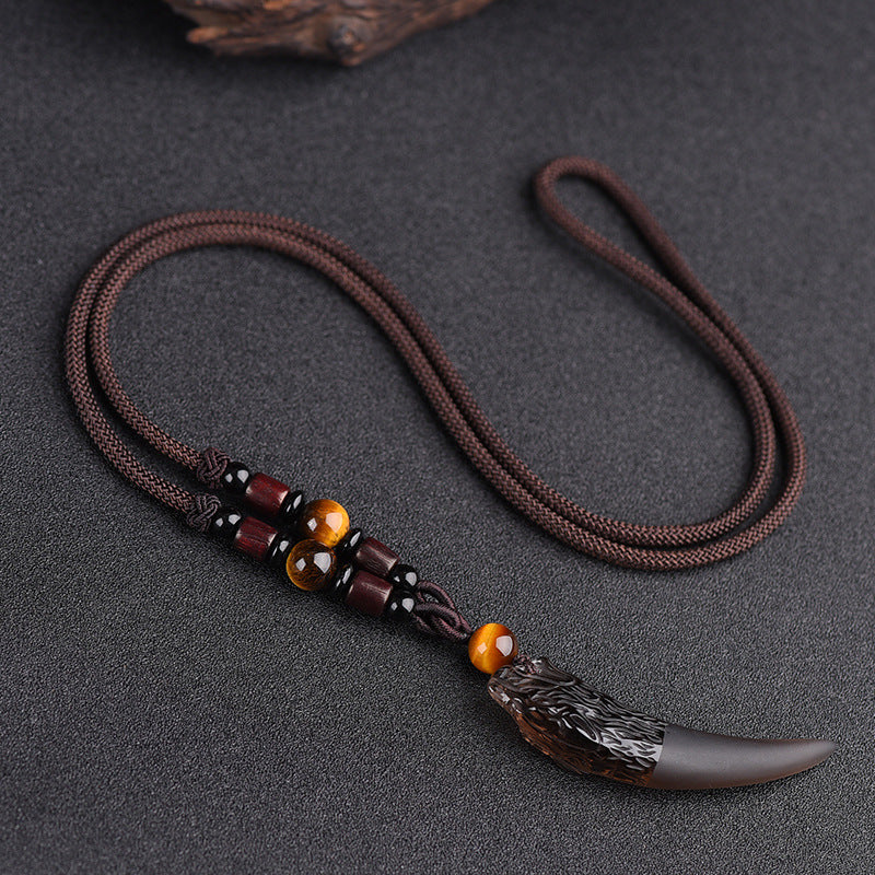 Women's & Men's Natural Icy Obsidian Wolf Tooth Head Couple Necklaces