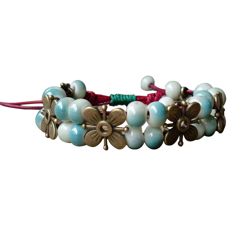 Bohemian Style Ceramic Beads Vintage Four-leaf Clover Copper Bracelets