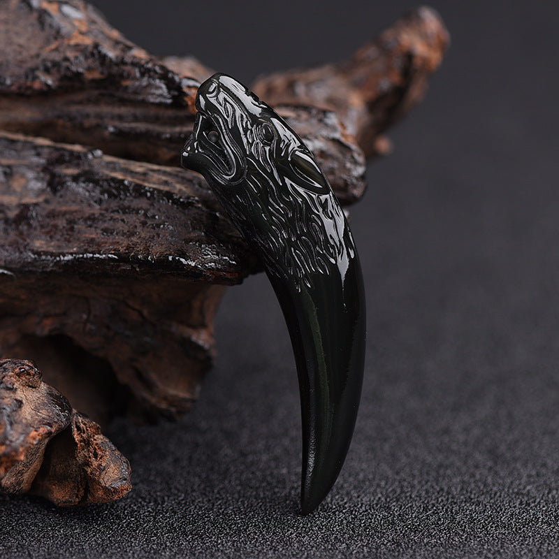 Women's & Men's Natural Icy Obsidian Wolf Tooth Head Couple Necklaces