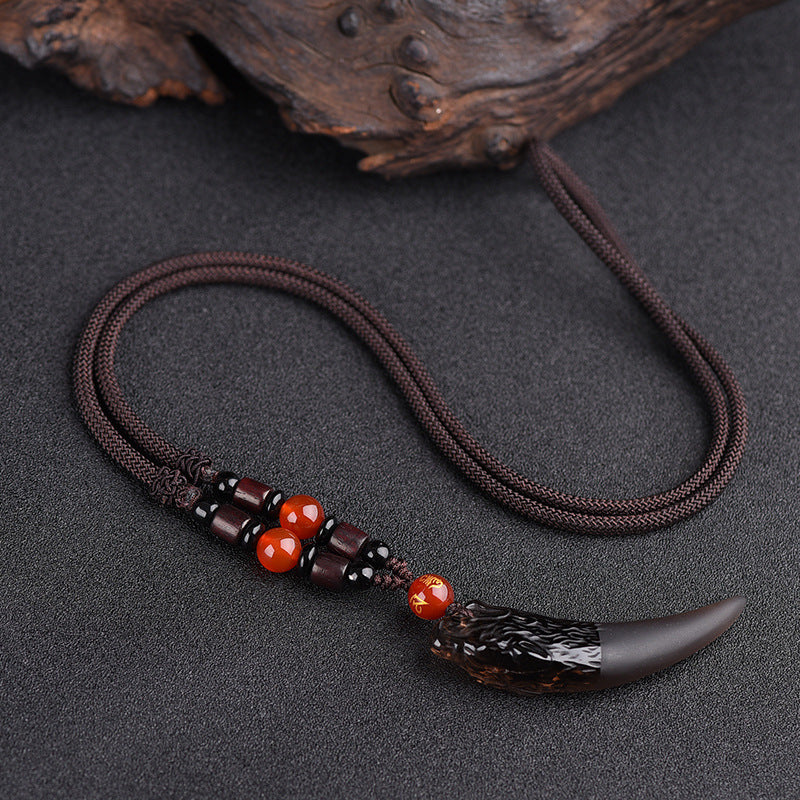 Women's & Men's Natural Icy Obsidian Wolf Tooth Head Couple Necklaces