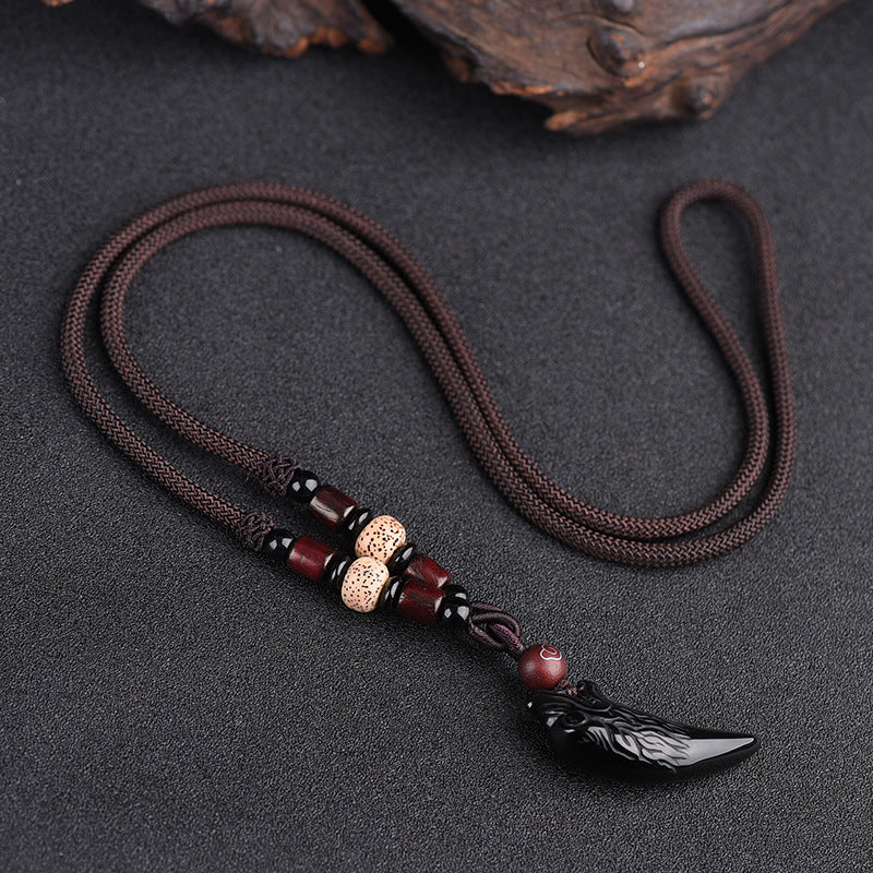 Women's & Men's Natural Icy Obsidian Wolf Tooth Head Couple Necklaces