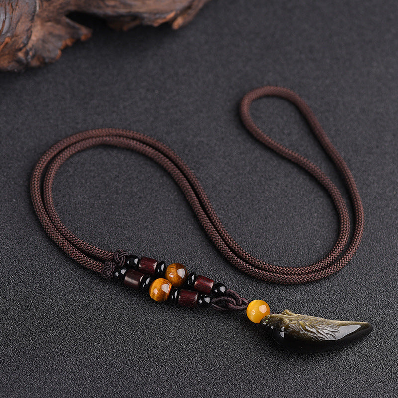 Women's & Men's Natural Icy Obsidian Wolf Tooth Head Couple Necklaces