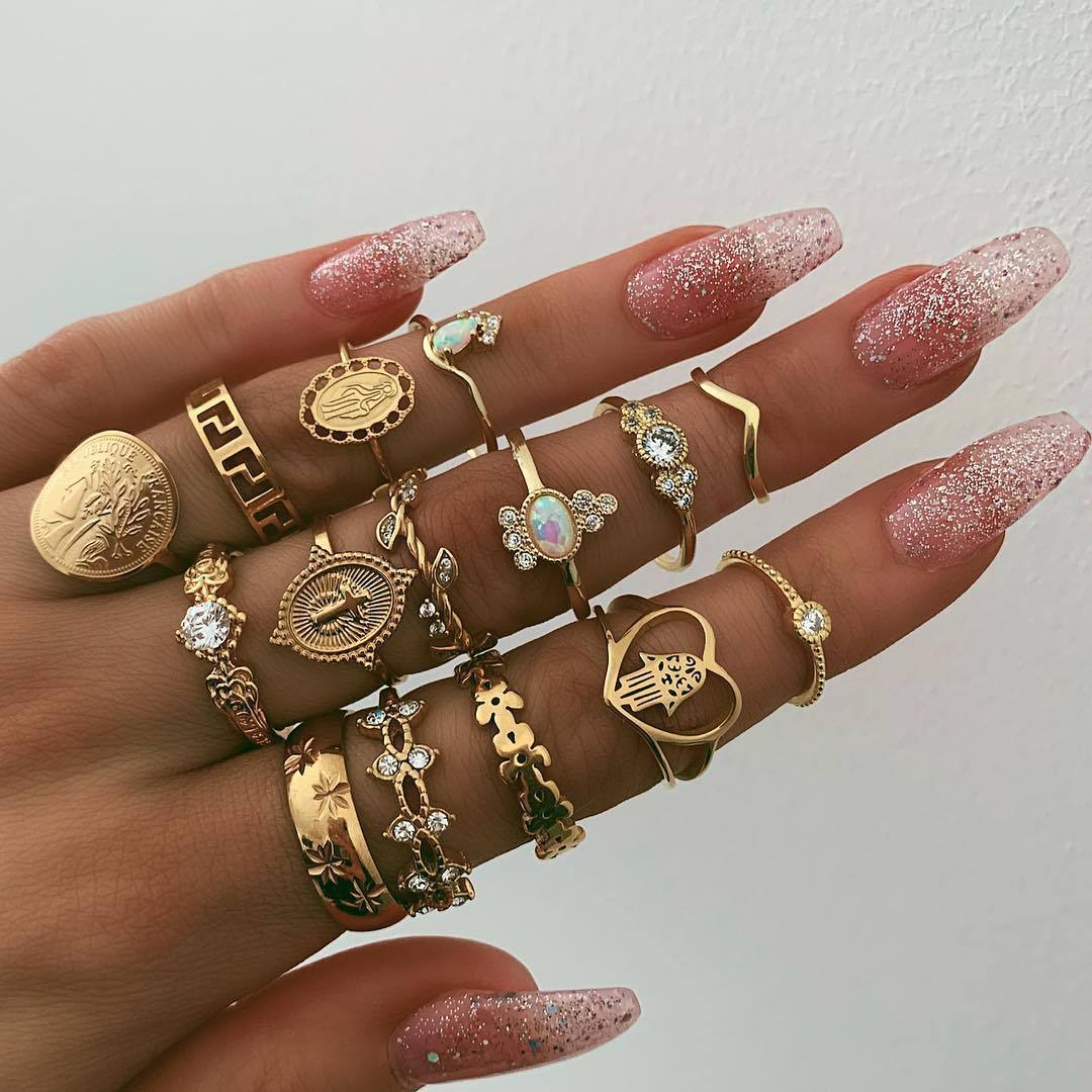 Beauty Head Gold Coin Cross Pattern Rings