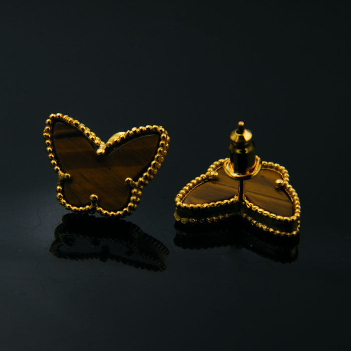 Windmill Series Exquisite Gold Butterfly Shell Tigereye Ear Round Beads Stud Earrings