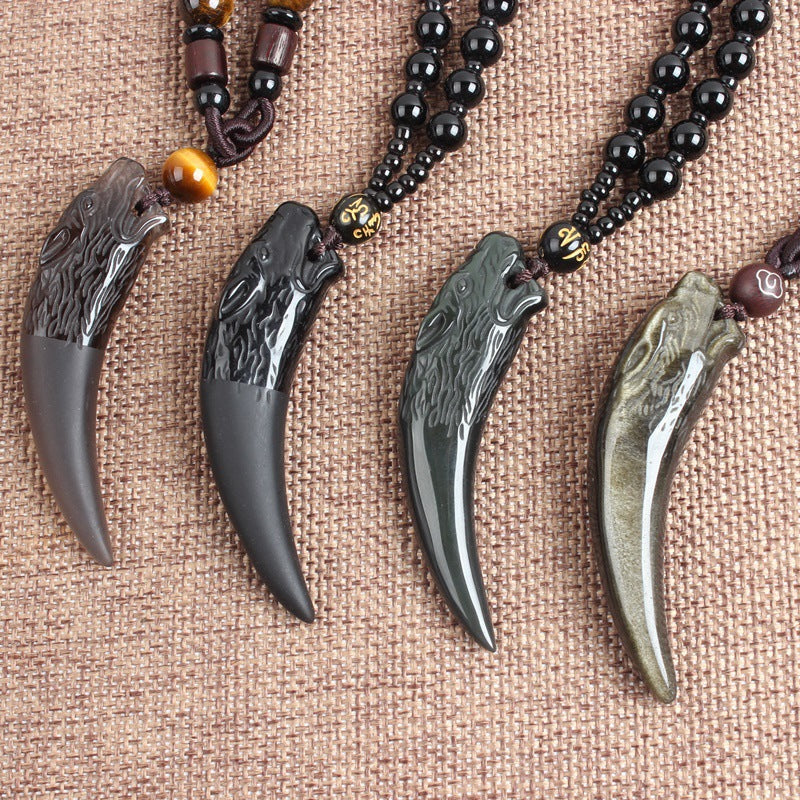 Women's & Men's Natural Icy Obsidian Wolf Tooth Head Couple Necklaces