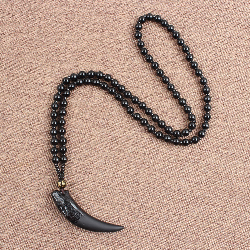 Women's & Men's Natural Icy Obsidian Wolf Tooth Head Couple Necklaces