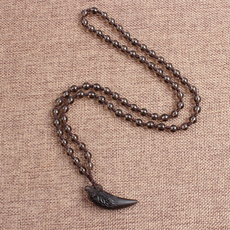 Women's & Men's Natural Icy Obsidian Wolf Tooth Head Couple Necklaces