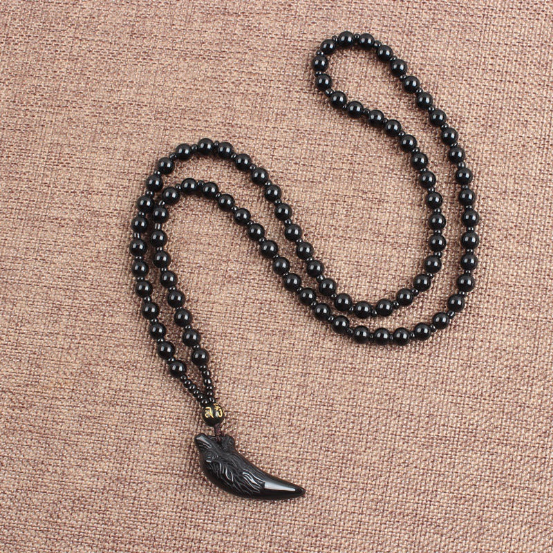 Women's & Men's Natural Icy Obsidian Wolf Tooth Head Couple Necklaces