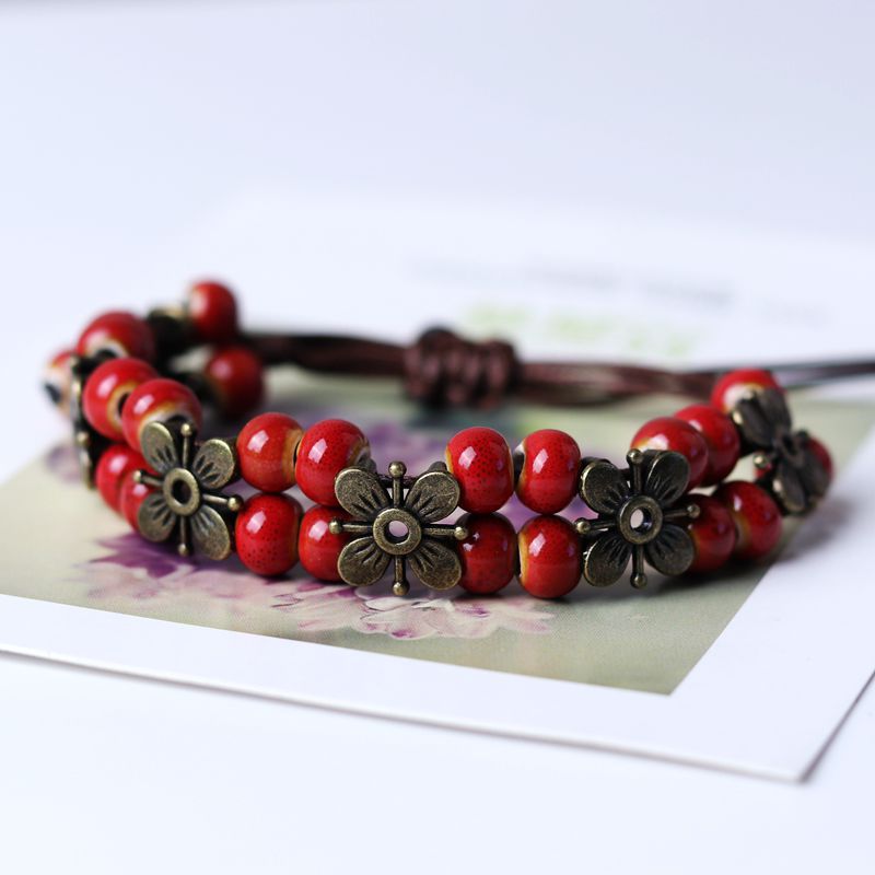 Bohemian Style Ceramic Beads Vintage Four-leaf Clover Copper Bracelets
