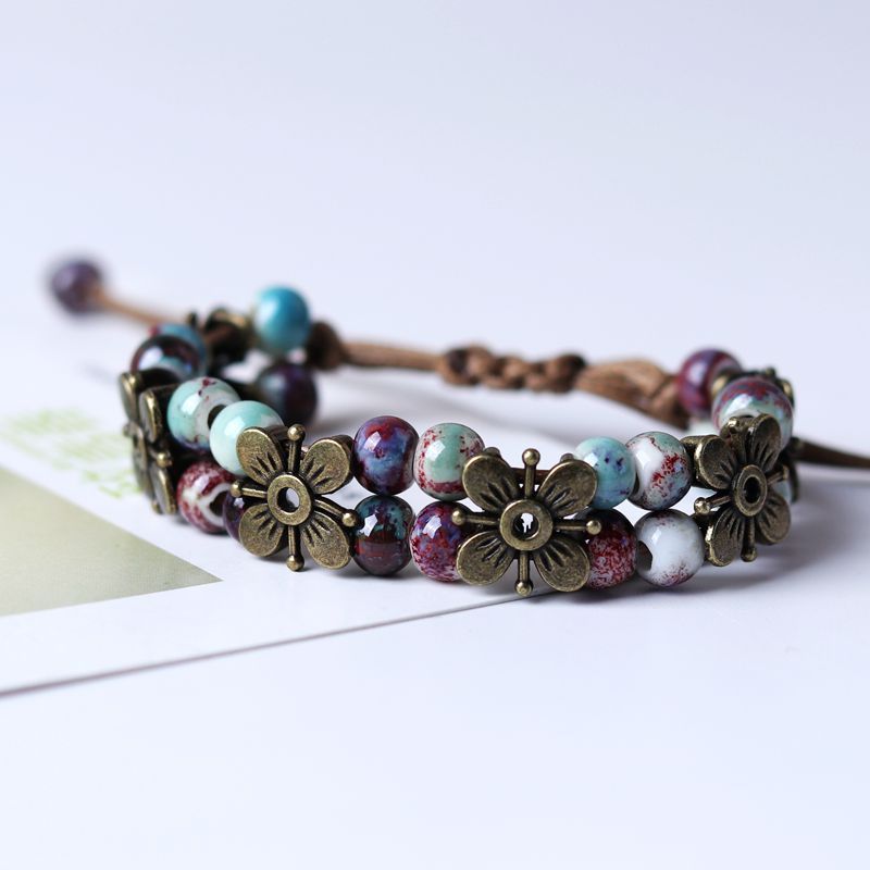 Bohemian Style Ceramic Beads Vintage Four-leaf Clover Copper Bracelets