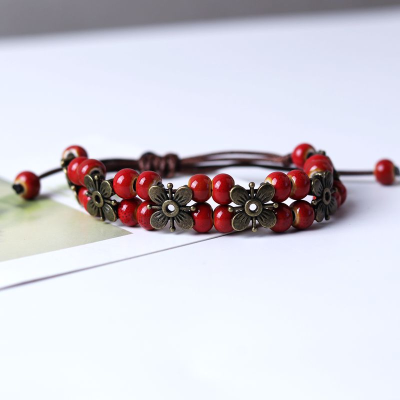 Bohemian Style Ceramic Beads Vintage Four-leaf Clover Copper Bracelets