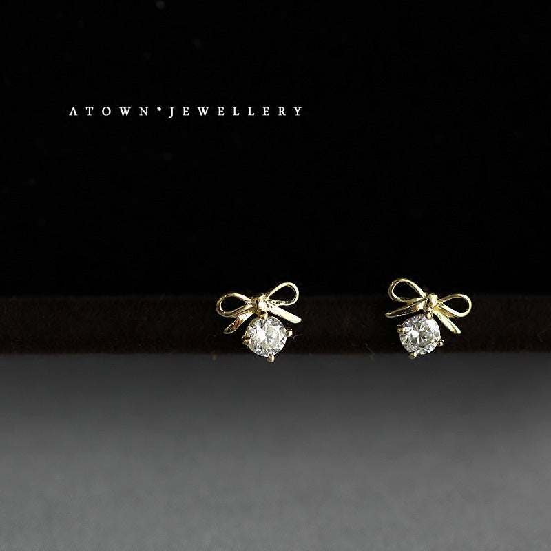 Sterling Sier Gold-plated Zircon Bow Inlaid Earrings