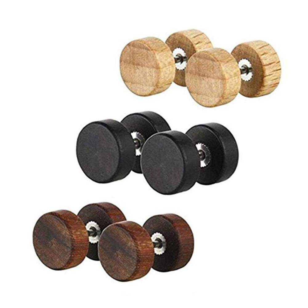 Men's Wood Dumbbell Personality Stainless Steel For Earrings