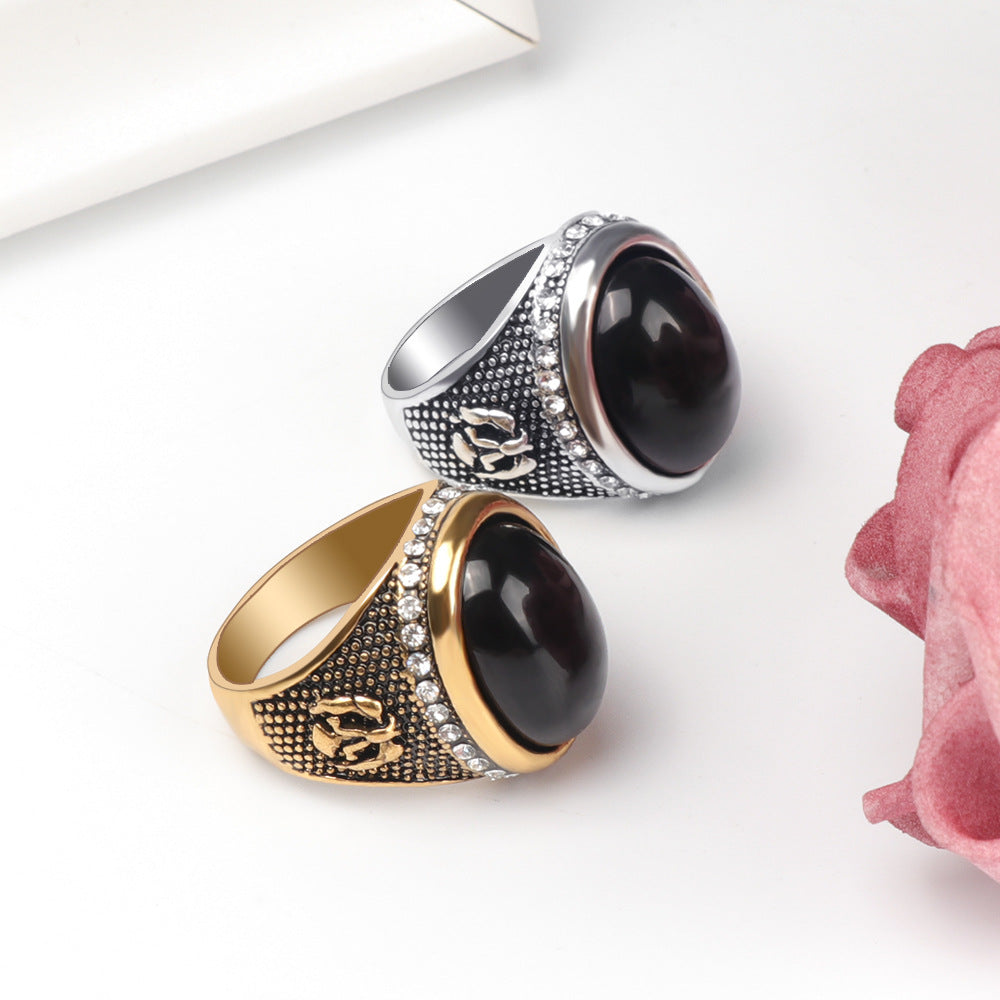 Men's Black Onyx Gold Plated Diamond Novel Rings