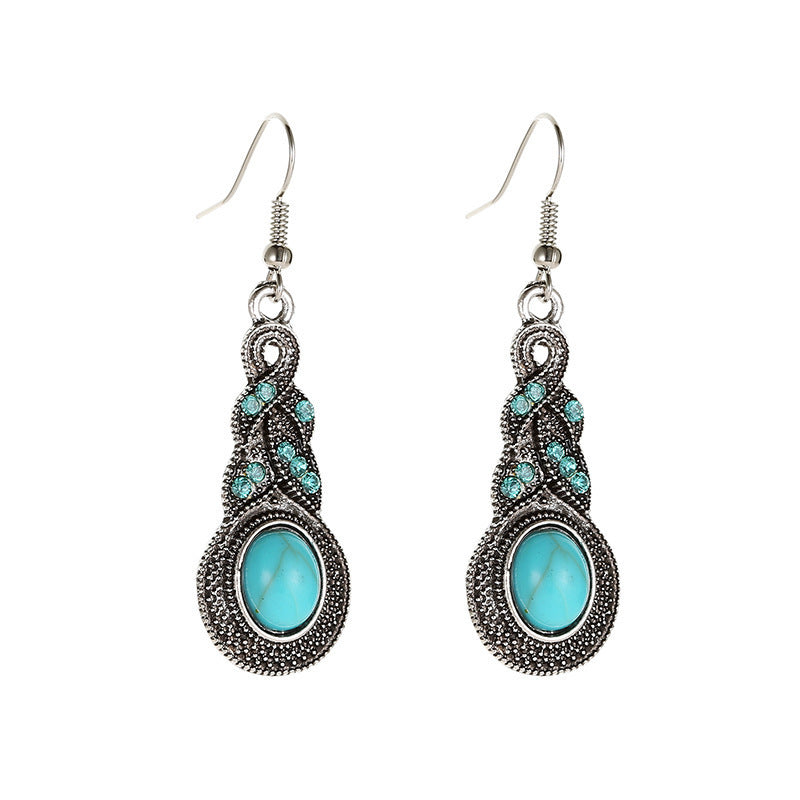 Blue Rhinestone Inlaid Turquoise Eardrops Suit Bohemian Earrings
