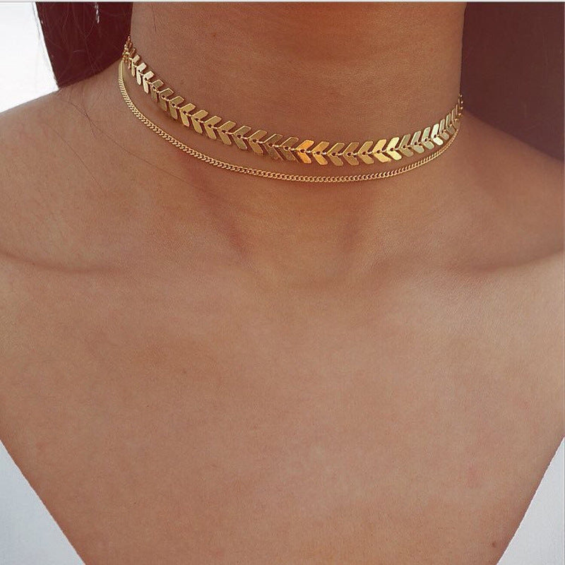 Women's Fishbone Chain Sequined Clavicle Single Layer Necklaces