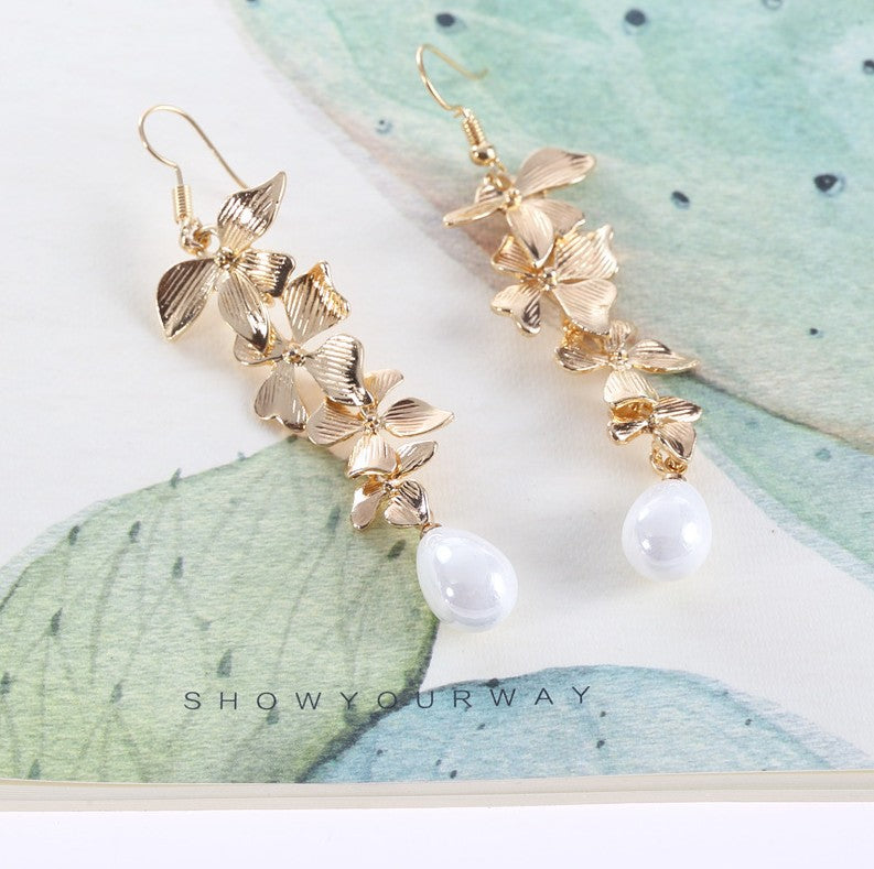 Sweet Flower Pearl Long Tassel Golden Orchid Matte Hook Earrings