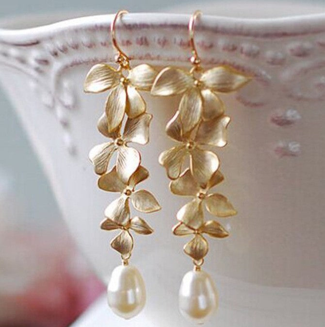 Sweet Flower Pearl Long Tassel Golden Orchid Matte Hook Earrings