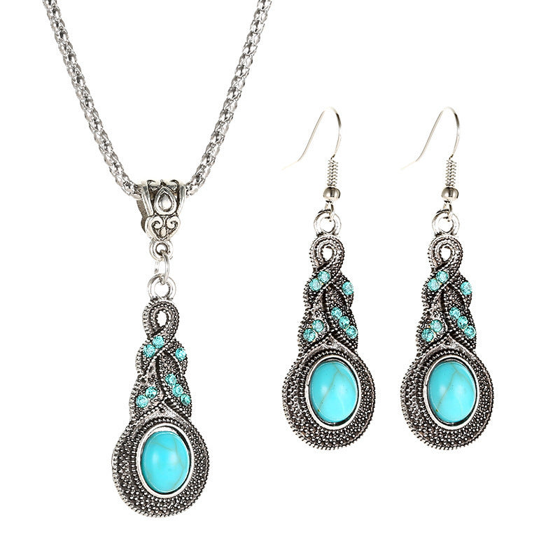 Blue Rhinestone Inlaid Turquoise Eardrops Suit Bohemian Earrings