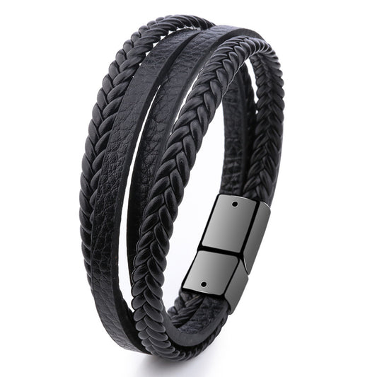 Men's Small Vintage Hand-knitted Leather Cord Alloy Magnetic Bracelet