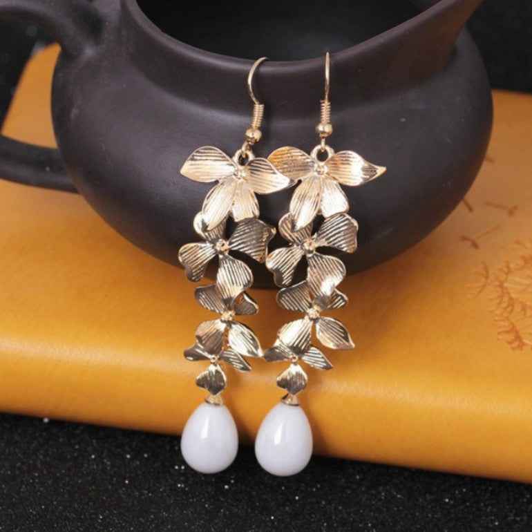 Sweet Flower Pearl Long Tassel Golden Orchid Matte Hook Earrings