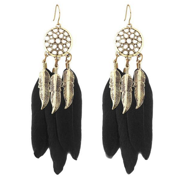 Women's Vintage Round Hollow Leaf Feather Bohemian Long Earrings