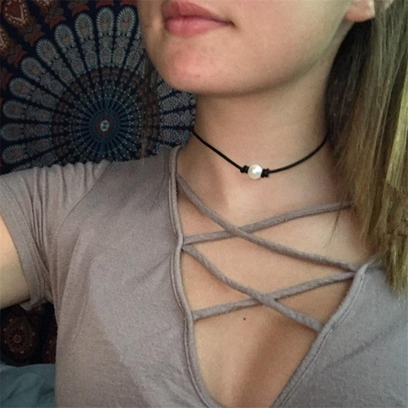 Pearl Short Collar Leather Black Rope Gothic Necklaces