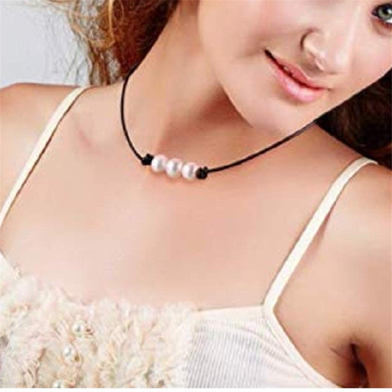 Pearl Short Collar Leather Black Rope Gothic Necklaces