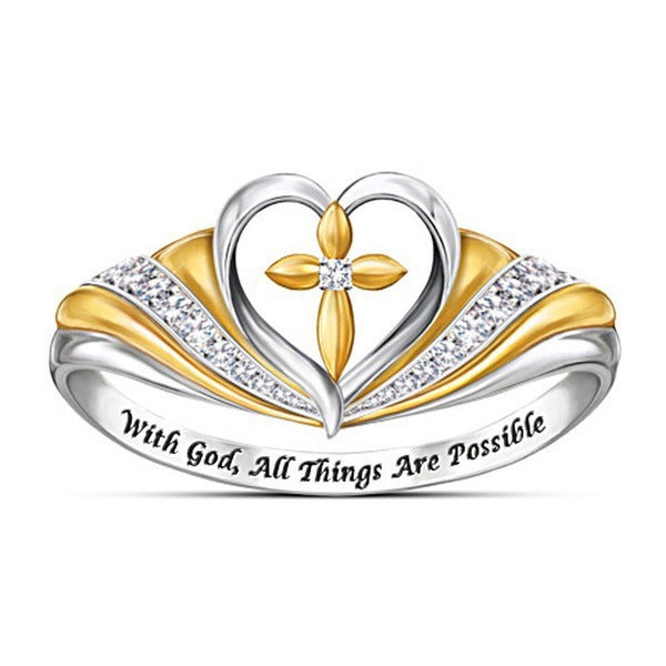 Women's Gold Plating Two-tone Creative Heart-shaped Cross Rings