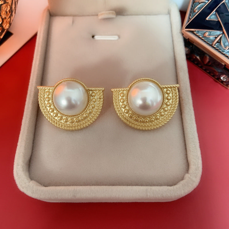 Women's Vintage Court Style Baroque Round Pearl Sier Needle Ear Clip Stud Earrings