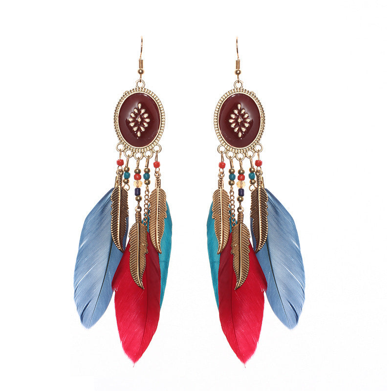 Creative Oval Long Tassel Red Feather Vintage Chain Earrings