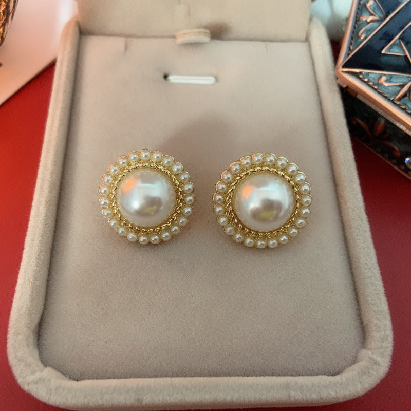 Women's Vintage Court Style Baroque Round Pearl Sier Needle Ear Clip Stud Earrings