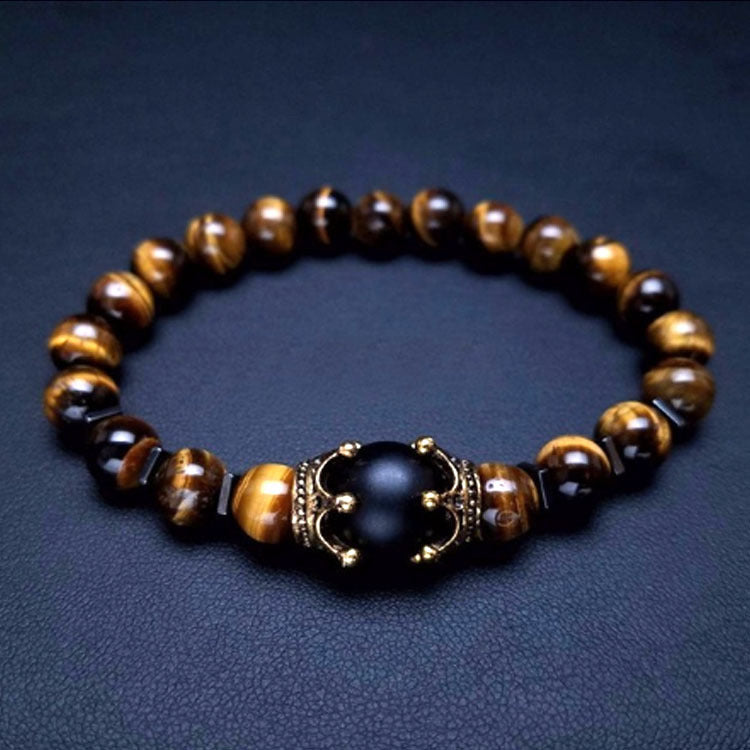 Men's Listed Charm Fashion Crown Tigereye Beaded Bracelet