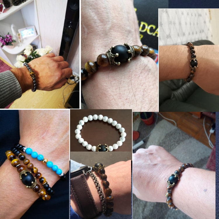 Men's Listed Charm Fashion Crown Tigereye Beaded Bracelet